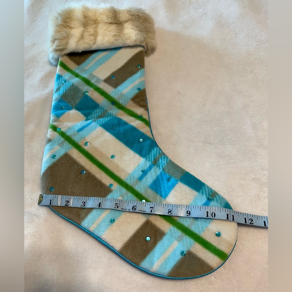 Old Navy Blue, White & Green Plaid Christmas Holiday Stocking Faux Fur Sequins - Picture 8 of 8